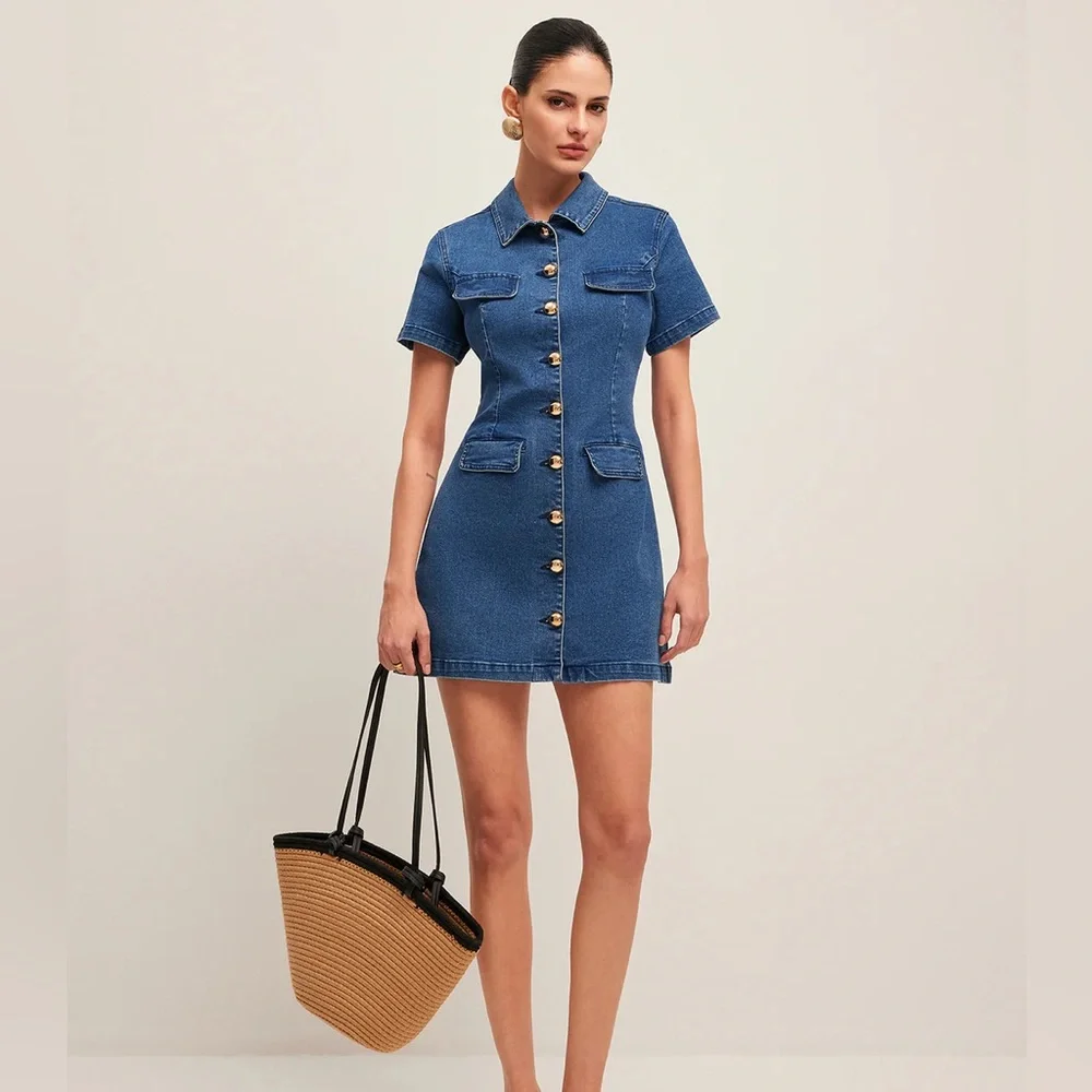 Commense Blue Denim Mini Dress - Picture 1 of 7